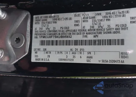 2019 Ford Escape S из США, поврежденный, VIN 1FMCU0F75KUB95932